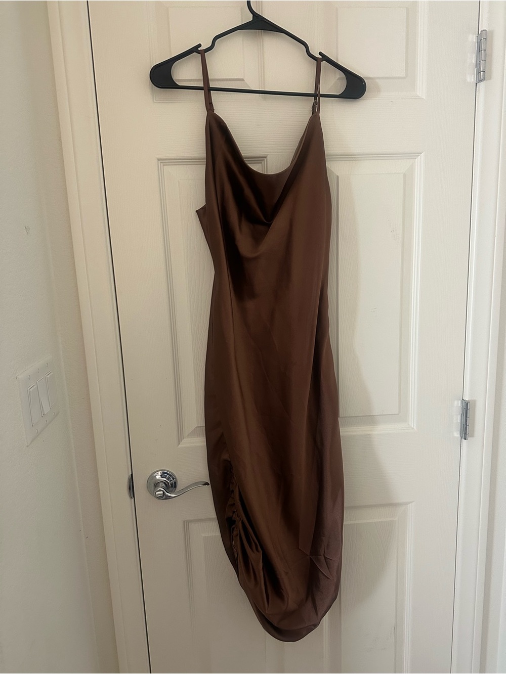 Satin Cowl Neck Slip Dress in Brown